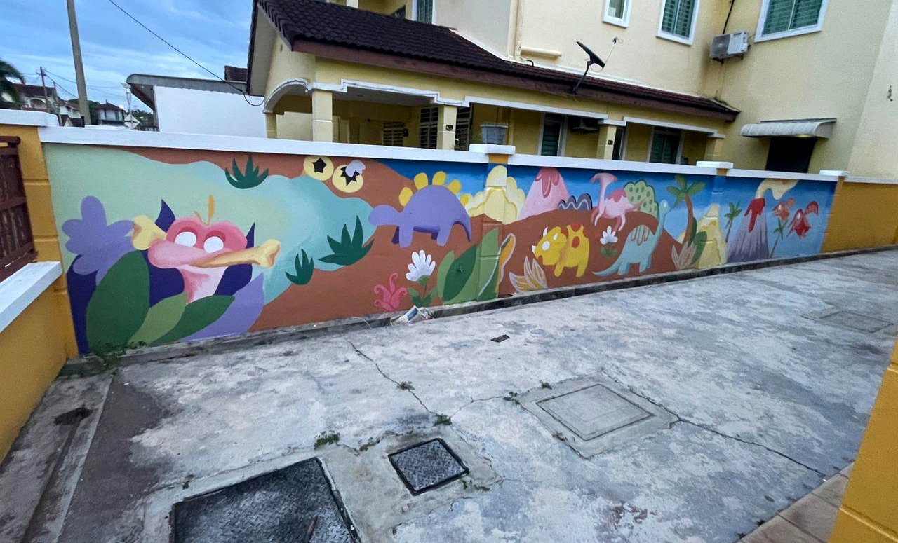 Colorful cartoon exterior mural for a kindergarten or children play area