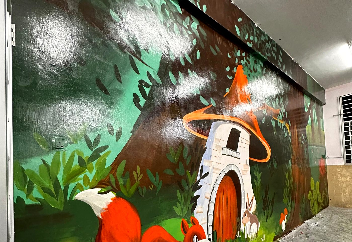 Fantasy forest and mushroom mural for a children space corridor