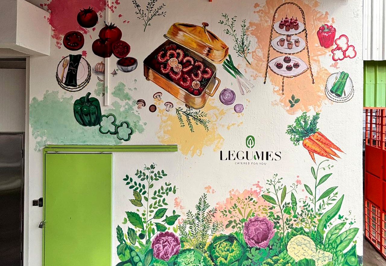 Food and vegetable mural painting for a restaurant or catering brand wall