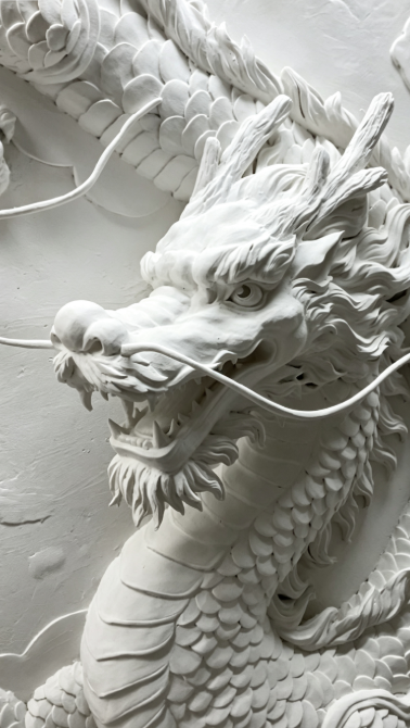 Close view of sculpted dragon head and scales
