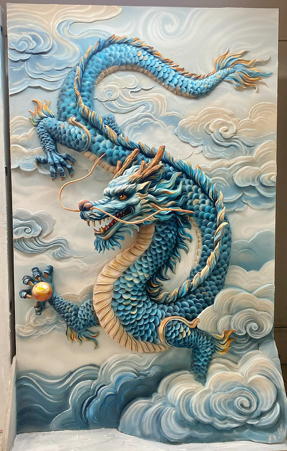 Blue dragon raised wall relief